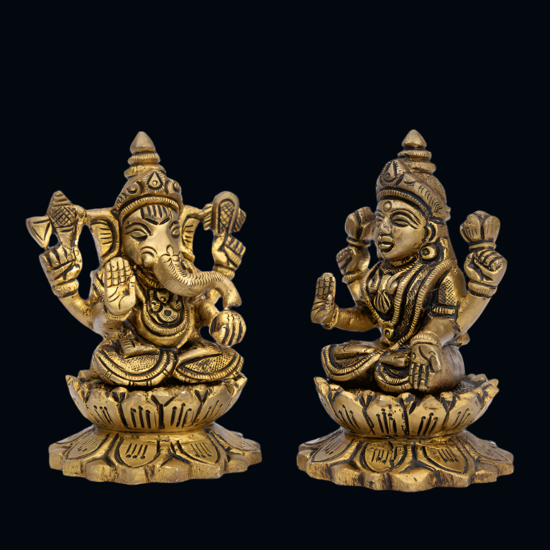 Handcrafted Brass Lakshmi Ganesha on Lotus Base (9cm) – Wealth and Wisdom Pair Idol