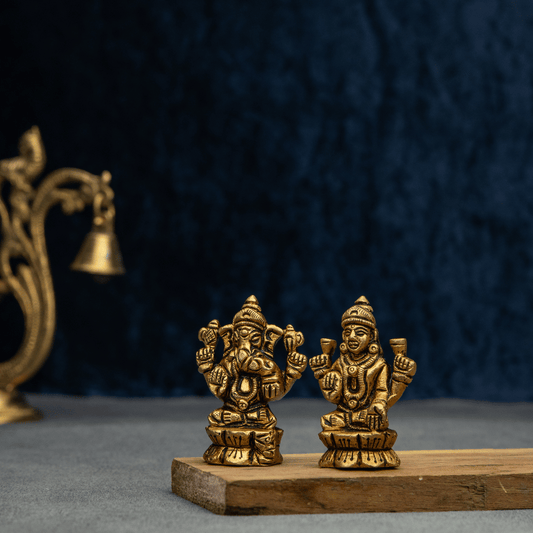 Handcrafted Brass Lakshmi Ganesha on Lotus Base (Small) – Idol for Wealth and Wisdom