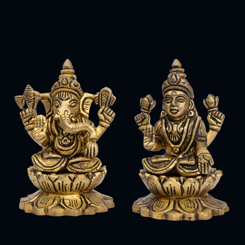 Handcrafted Brass Lakshmi Ganesha on Lotus Base (9cm) – Wealth and Wisdom Pair Idol