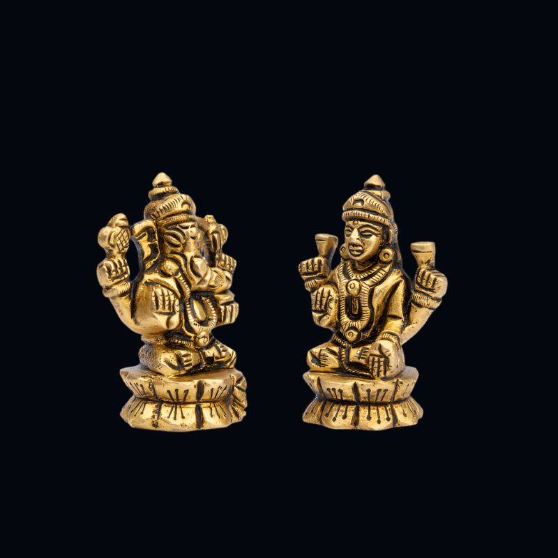 Handcrafted Brass Lakshmi Ganesha on Lotus Base (Small) – Idol for Wealth and Wisdom