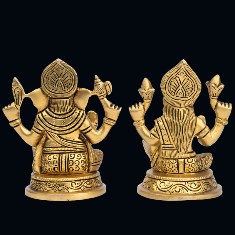 Handcrafted Brass Lakshmi Ganesha with Floral Design Base – Prosperity and Knowledge Duo for Pooja