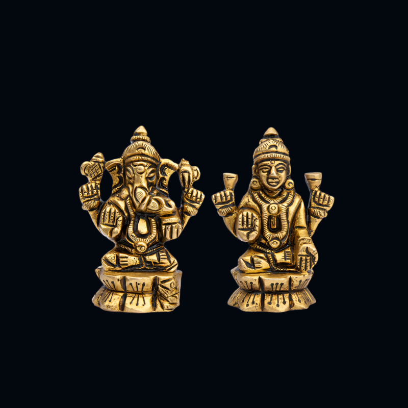 Handcrafted Brass Lakshmi Ganesha on Lotus Base (Small) – Idol for Wealth and Wisdom