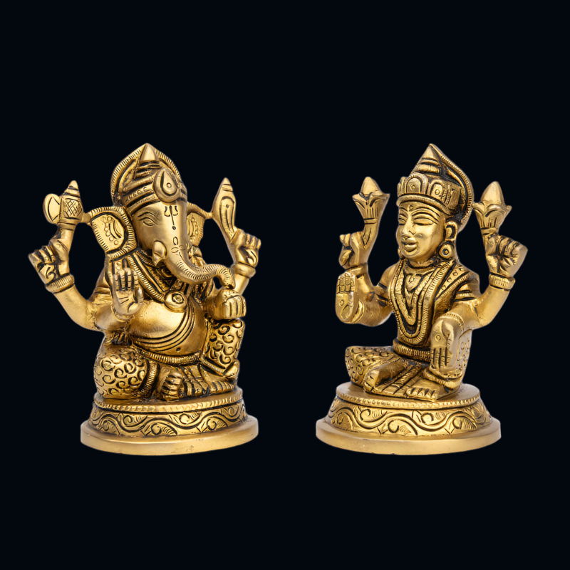 Handcrafted Brass Lakshmi Ganesha with Floral Design Base – Prosperity and Knowledge Duo for Pooja