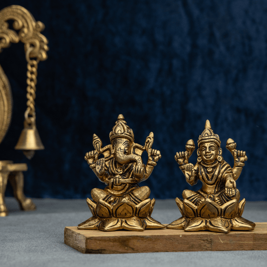 Handcrafted Brass Lakshmi Ganesha on Lotus Base (Medium) – Perfect for Diwali Pooja
