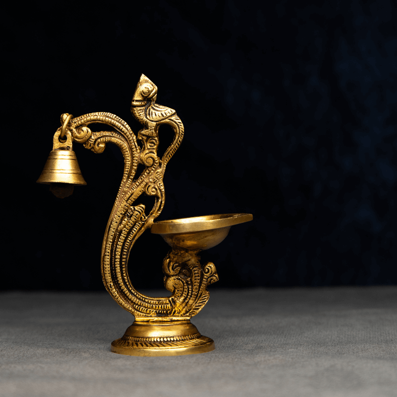 Handcrafted Brass Deepak with Bell Round Base – Classic Diya with Bell