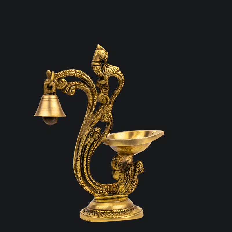 Handcrafted Brass Deepak with Bell Round Base – Classic Diya with Bell