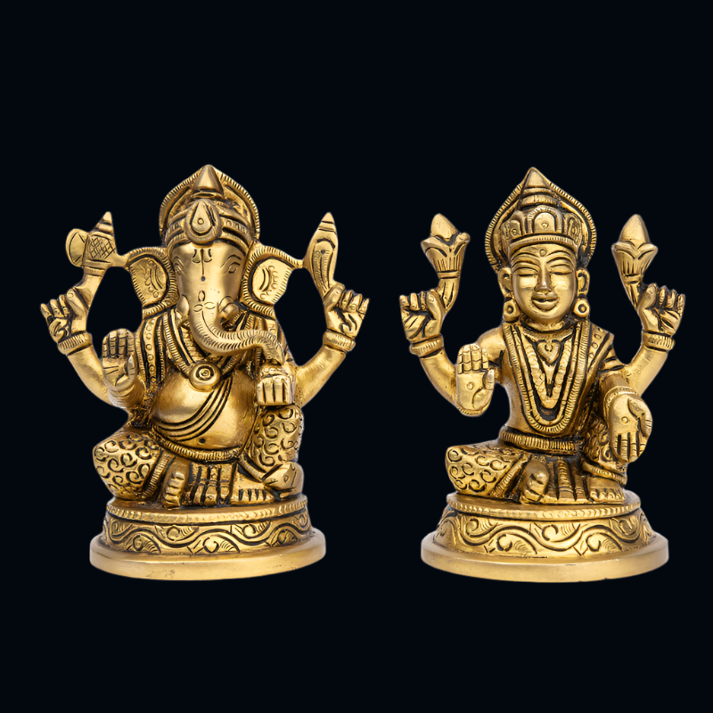 Handcrafted Brass Lakshmi Ganesha with Floral Design Base – Prosperity and Knowledge Duo for Pooja