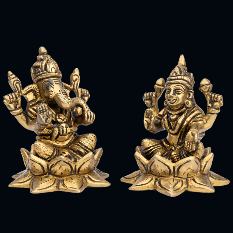 Handcrafted Brass Lakshmi Ganesha on Lotus Base (Medium) – Perfect for Diwali Pooja