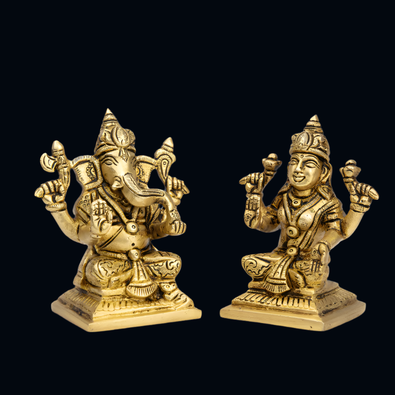 Handcrafted Brass Lakshmi Ganesha with Flat Base (10.5cm) – Sacred Pair for Blessings and Success