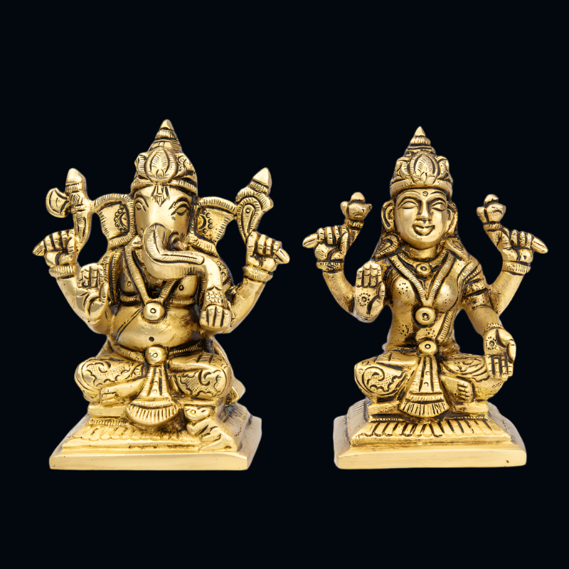 Handcrafted Brass Lakshmi Ganesha with Flat Base (10.5cm) – Sacred Pair for Blessings and Success