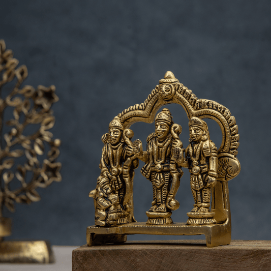 Handcrafted Brass Ram Darbaar with Simple Flat Stand (12cm) – Royal Ram Family Sculpture