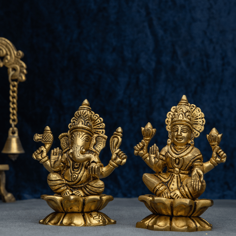 Handcrafted Brass Lakshmi Ganesha on Lotus Base (Large Design) – Symbol of Fortune and Enlightenment