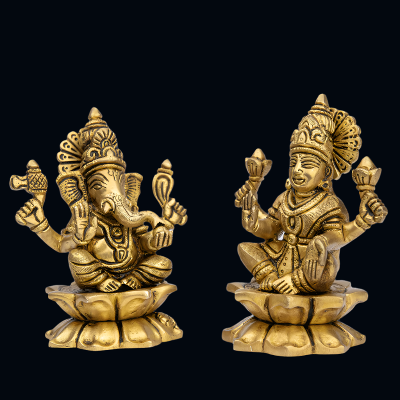 Handcrafted Brass Lakshmi Ganesha on Lotus Base (Large Design) – Symbol of Fortune and Enlightenment