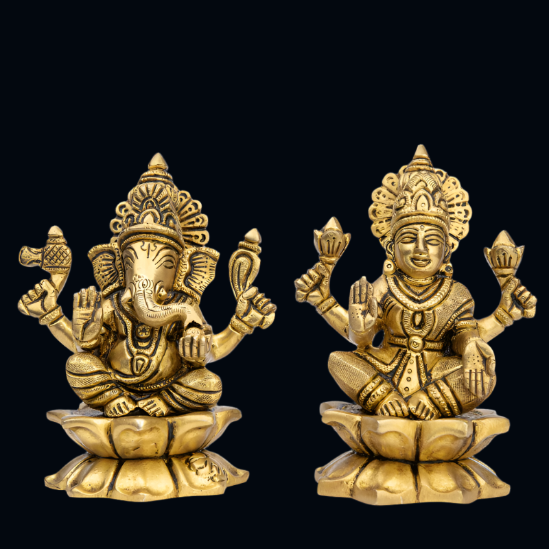 Handcrafted Brass Lakshmi Ganesha on Lotus Base (Large Design) – Symbol of Fortune and Enlightenment