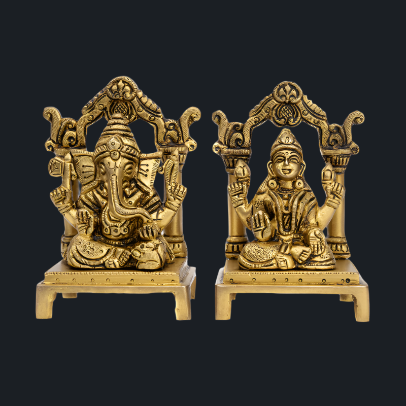Handcrafted Brass Lakshmi Ganesha Frame with Chowki – Perfect Pair for Prosperity and Knowledge