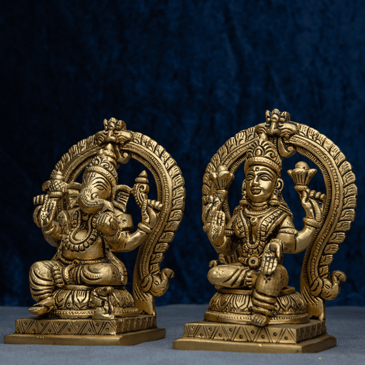 Handcrafted Brass Lakshmi Ganesha with Rear Frame and Flat Base – Auspicious Pair for Prosperity and Intellect