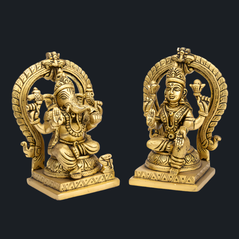 Handcrafted Brass Lakshmi Ganesha with Rear Frame and Flat Base – Auspicious Pair for Prosperity and Intellect