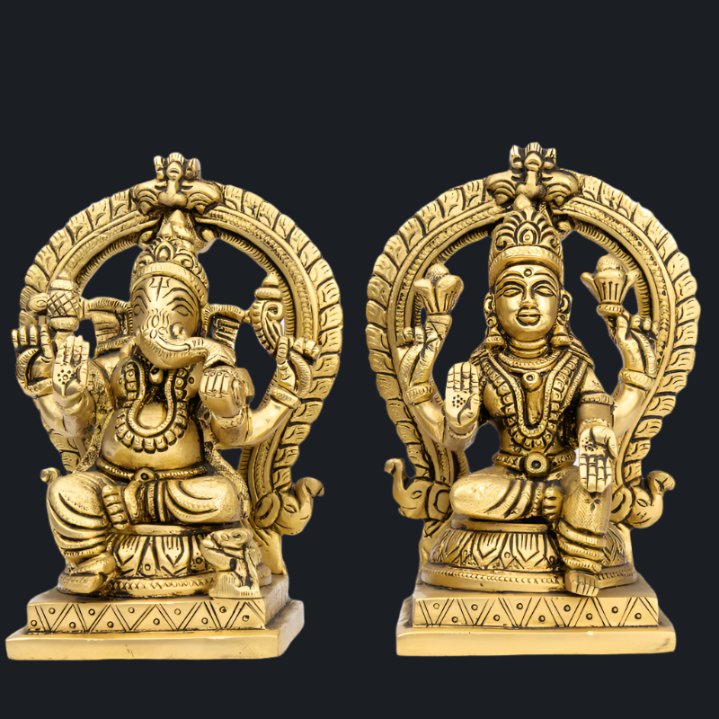 Handcrafted Brass Lakshmi Ganesha with Rear Frame and Flat Base – Auspicious Pair for Prosperity and Intellect