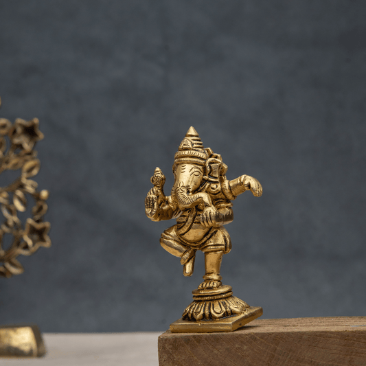 Handcrafted Brass Dancing Ganesha on Designer Base – Ganesha in Dancing Pose