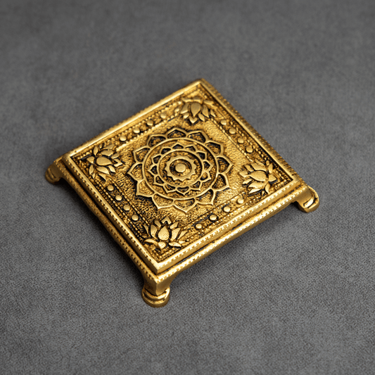 Handcrafted Brass Pooja Chowki with Mandala and Flower Design – Great for Pooja and Home Use