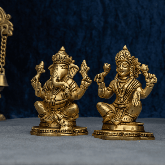 Handcrafted Brass Lakshmi Ganesha Set with Flat Base – Auspicious Pair for Wealth and Prosperity
