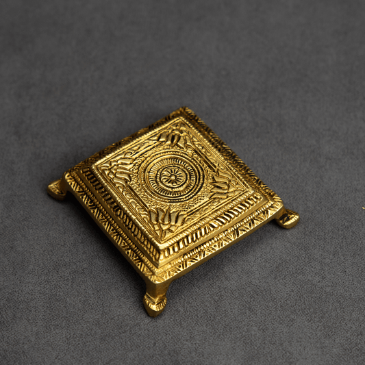 Handcrafted Brass Square Pooja Chowki with Chakra and Flower Design – Great for Pooja and Home Use