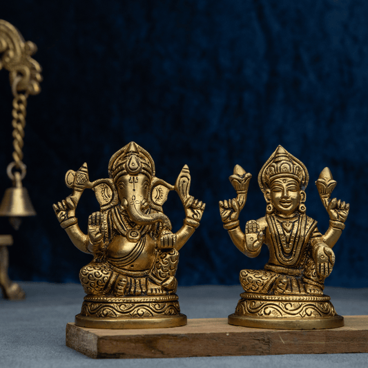 Handcrafted Brass Lakshmi Ganesha with Floral Design Base – Prosperity and Knowledge Duo for Pooja