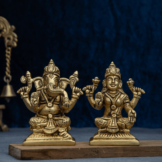 Handcrafted Brass Lakshmi Ganesha with Flat Base (10.5cm) – Sacred Pair for Blessings and Success