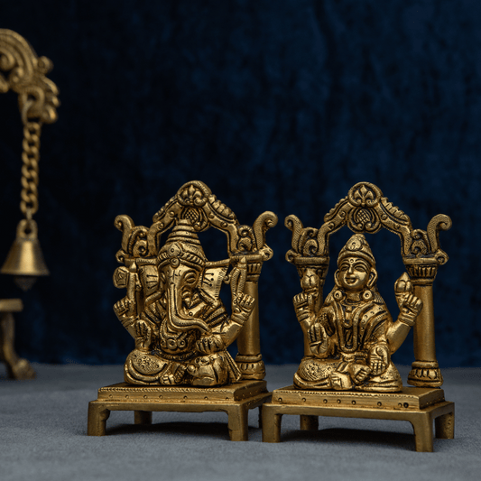Handcrafted Brass Lakshmi Ganesha Frame with Chowki – Perfect Pair for Prosperity and Knowledge